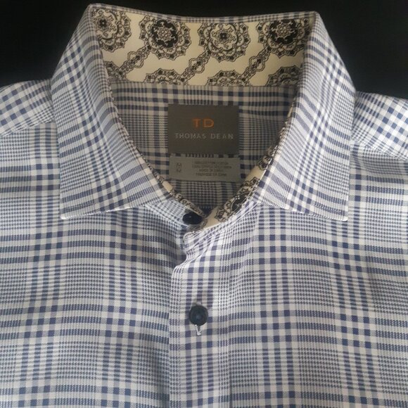 Thomas Dean SZ M French Cuff 100% Cotton Navy/White Plaid Men's Button Up Shirt - Picture 2 of 15